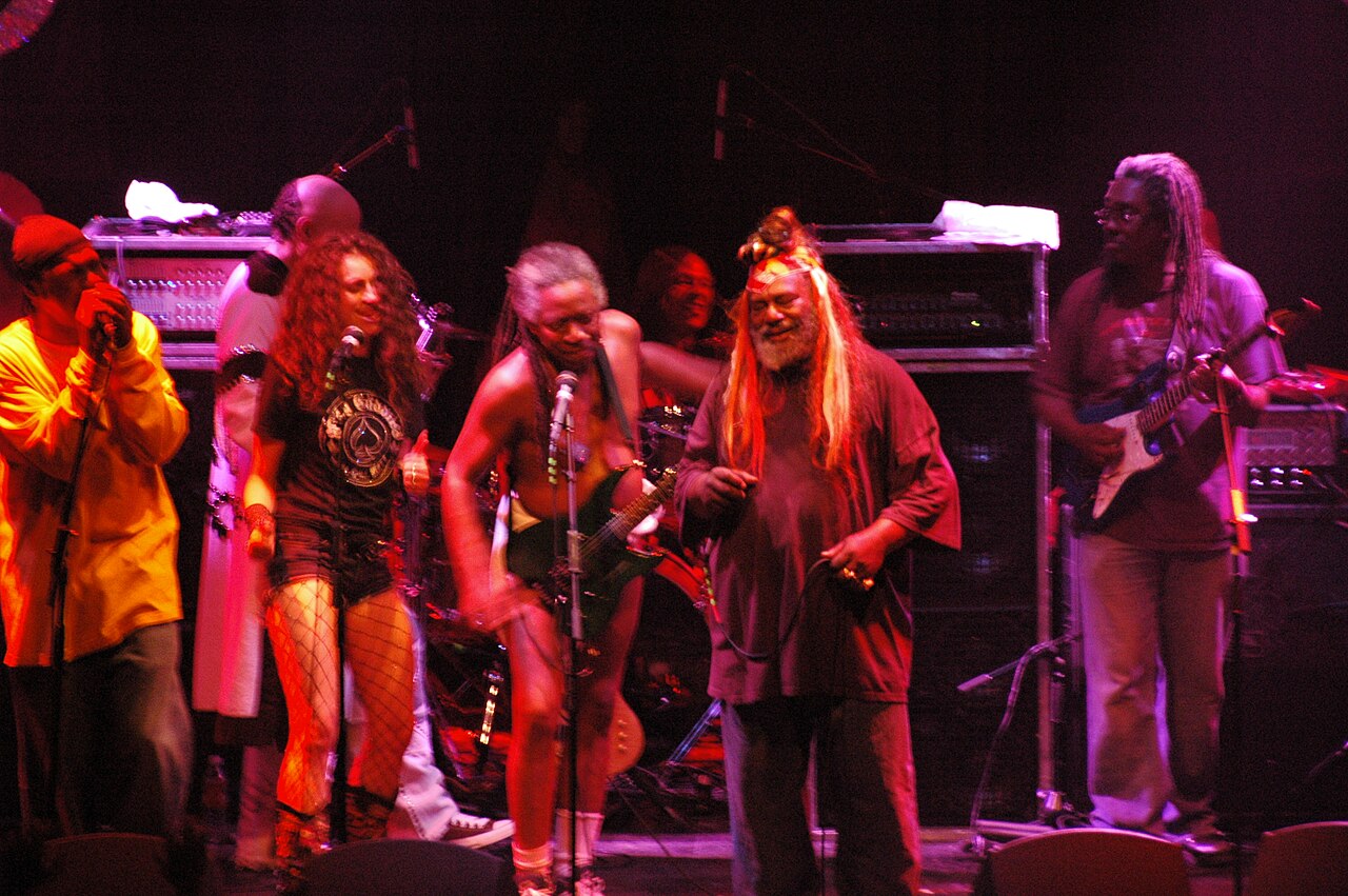 George Clinton and Parliament-Funkadelic performing on stage, a foundational Mothership-funk act of the Afrofuturist tradition.