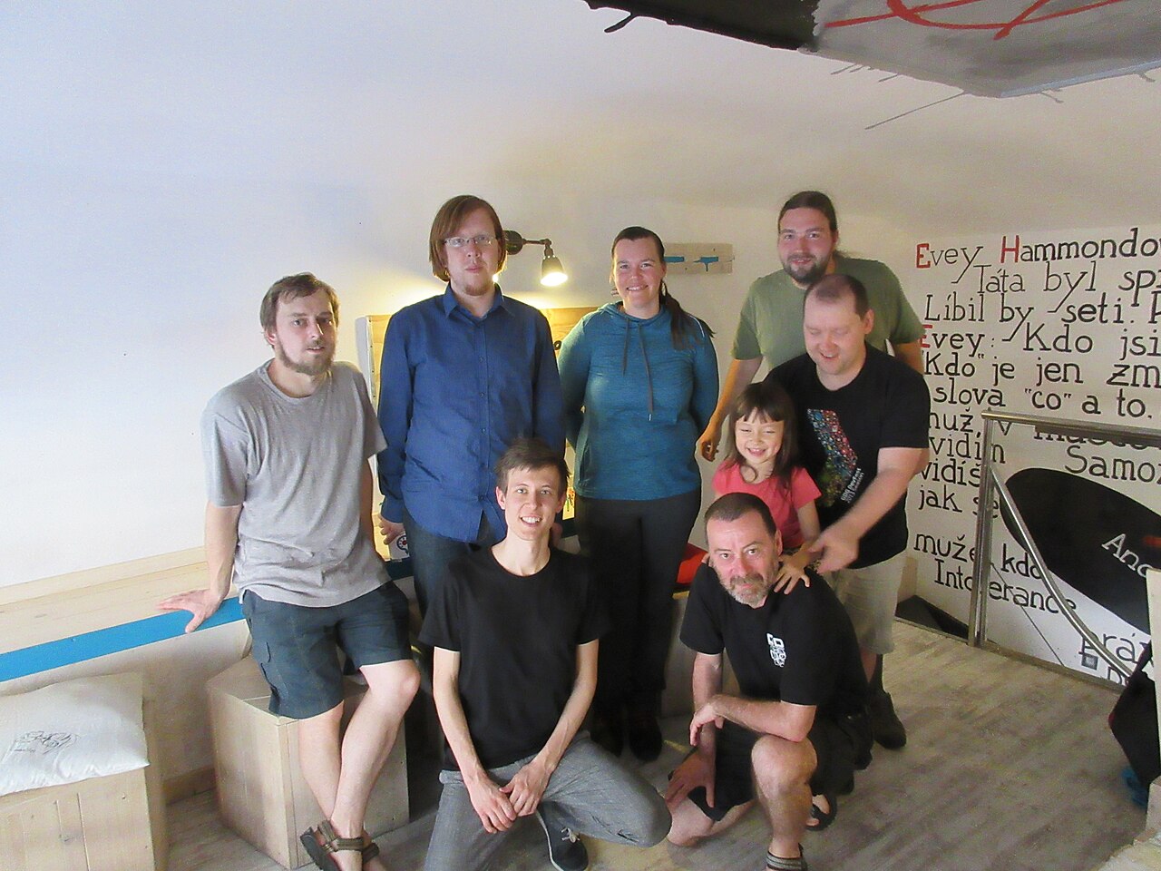 A second group portrait of the same people indoors, taken during the same Prague visit.