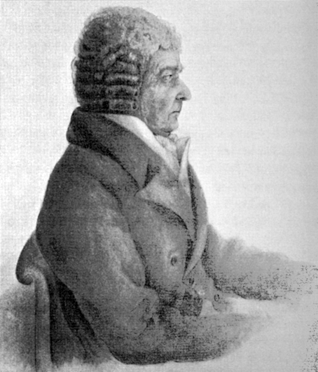 A greyscale profile portrait of an elderly 18th-century man in a wig and dark coat, seated.