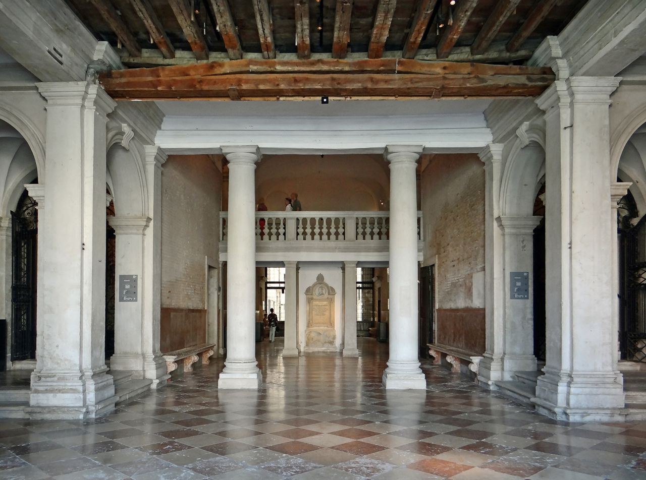 The vestibule of the Palazzo Corner della Regina in Venice, hosting the documentary section of an Arte Povera exhibition.