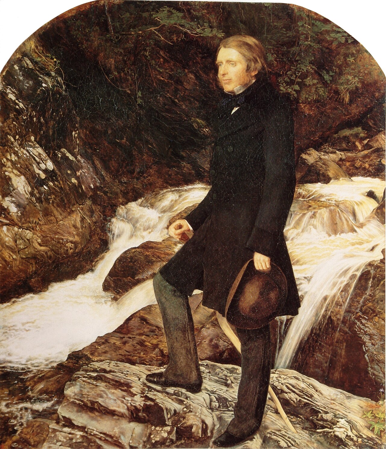 John Everett Millais's 1854 portrait of John Ruskin, standing in a dark frock coat on the rocks beside a rushing highland waterfall at Glenfinlas, every fern and stone rendered with geological precision.