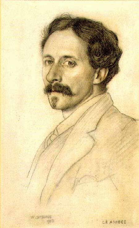 Charcoal and coloured-chalk portrait of C. R. Ashbee by William Strang, 1903, a moustached man in a pale jacket.
