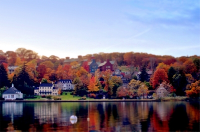 The wooded waterfront campus of Cold Spring Harbor Laboratory on Long Island, photographed in autumn 2008.