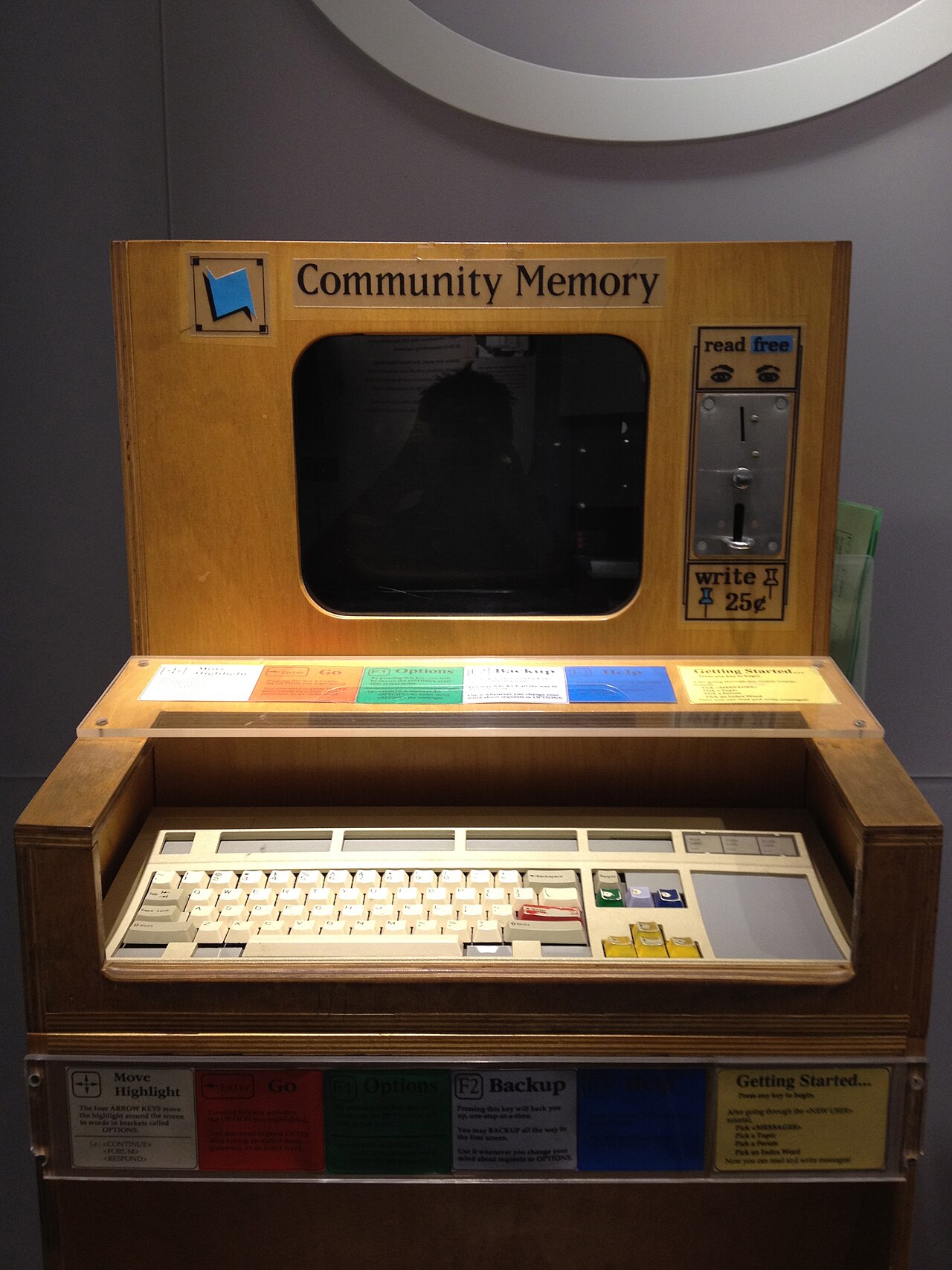 A Community Memory Project terminal from 1975 on display in a museum vitrine.