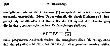 Heisenberg's handwritten canonical commutation rule for position and momentum, 1927 — the mathematical root of the uncertainty principle.