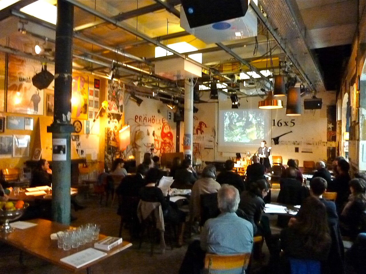 Interior of the Cabaret Voltaire in Zürich during an event.