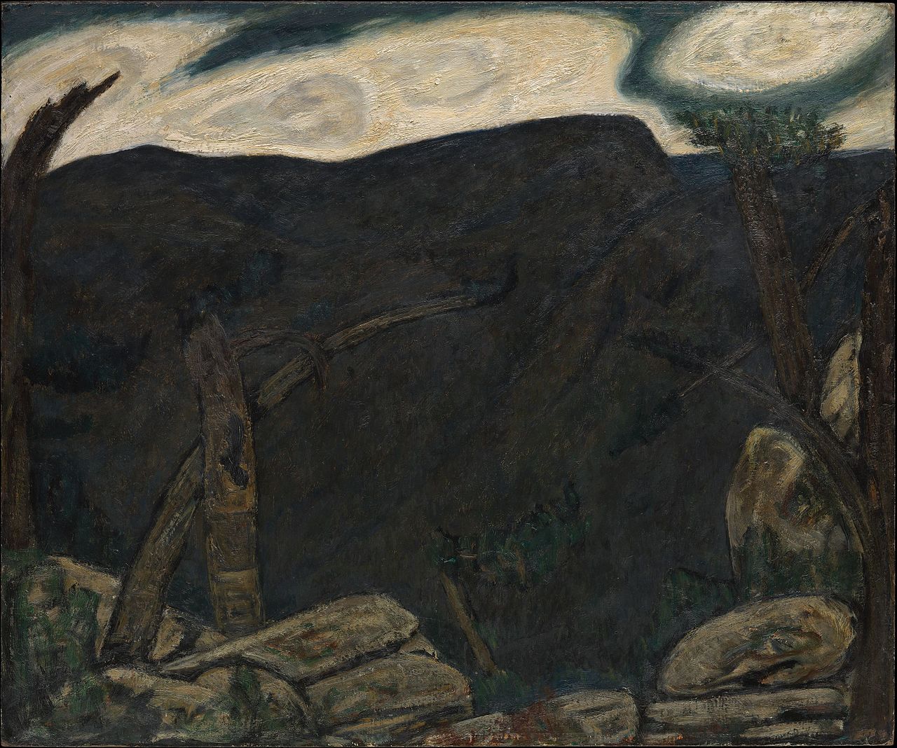 Marsden Hartley's painting 'The Dark Mountain, No. 2' — a heavy dark mountain mass above green fields and small trees, in earthy modernist strokes.