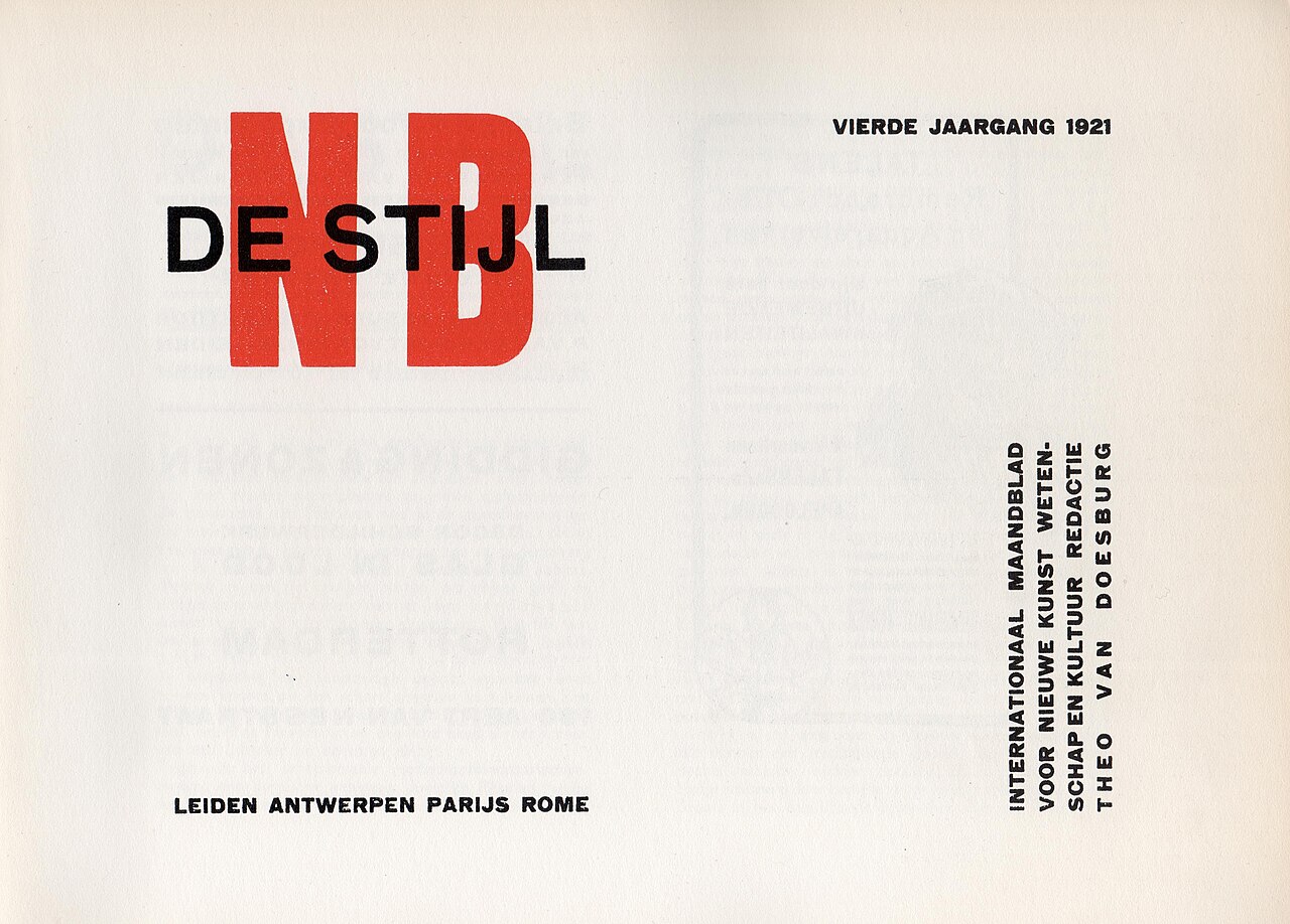 Cover of the journal De Stijl, fourth volume (vierde jaargang), 1921: bold black 'DE STIJL' overlapping a large red 'NB', with typographic listings and a vertical column of text at right.