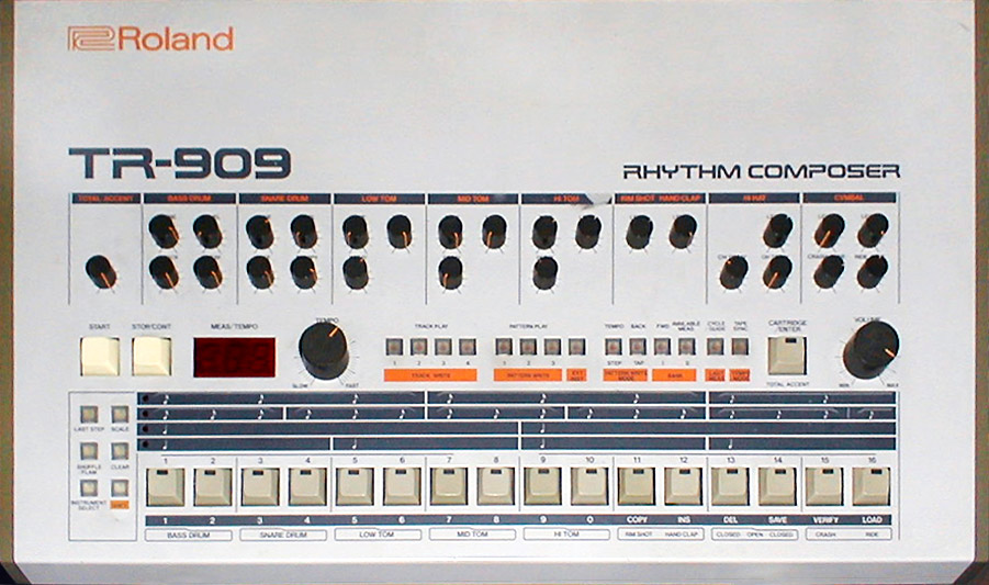 Close-up of a Roland TR-909 drum machine control surface with sequencer step keys.