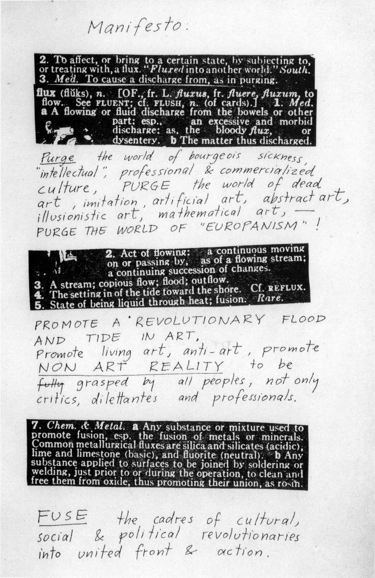 The Fluxus Manifesto: dictionary clippings defining the word flux interleaved with handwritten slogans commanding to PURGE the world of bourgeois sickness and PROMOTE a revolutionary flood and tide in art.