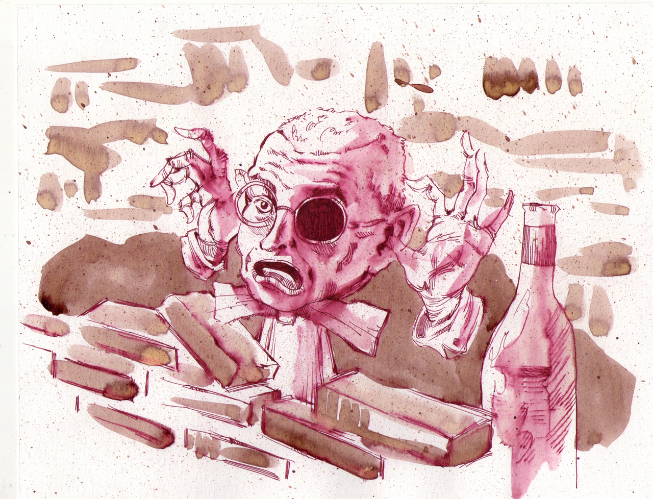 A wine-and-sepia ink illustration recreating an artistic action by George Maciunas: a bald, monocled figure with raised, exaggerated hands amid scattered boxes and a bottle, splattered with stains.