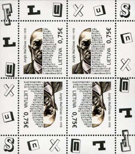 A sheet of Lithuanian postage stamps portraying George Maciunas (1931 to 1978), his face rendered in typographic patterns spelling FLUXUS, the letters F L U X U S arrayed around the sheet's border in mixed typefaces.