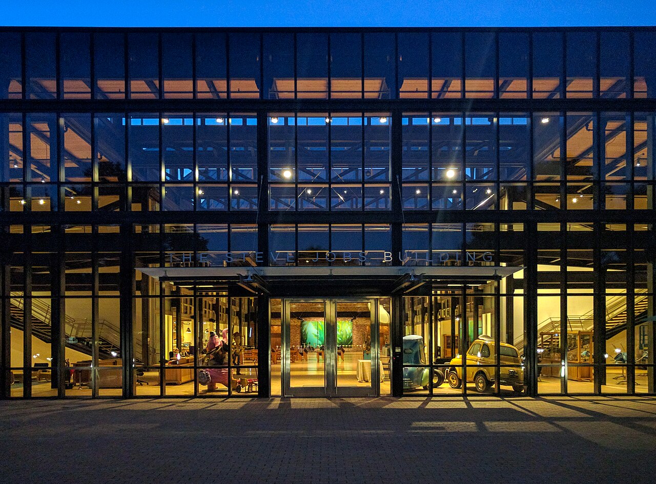 The Steve Jobs Building at Pixar photographed at dusk.