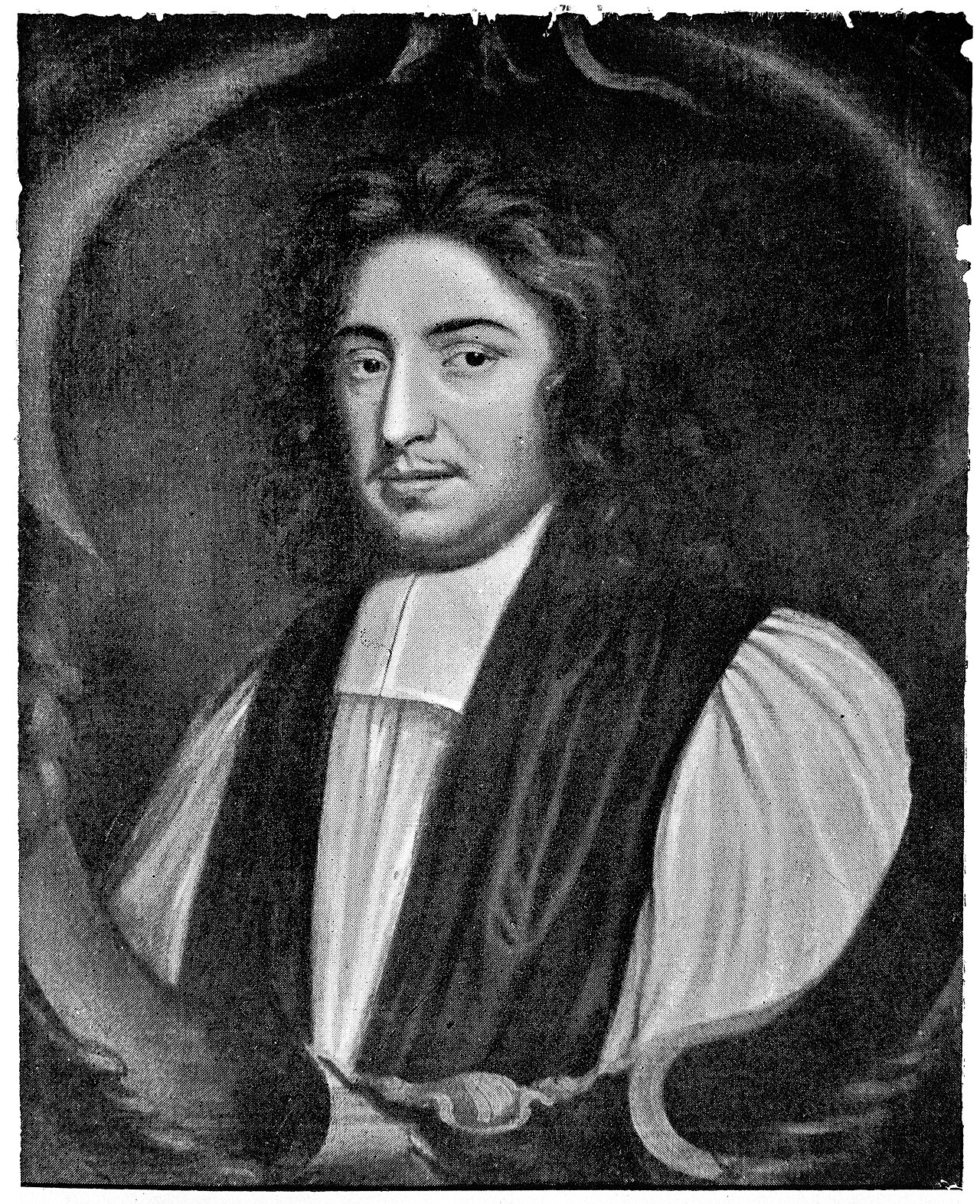 Grainy monochrome reproduction of a painted portrait of John Wilkins within a painted oval.