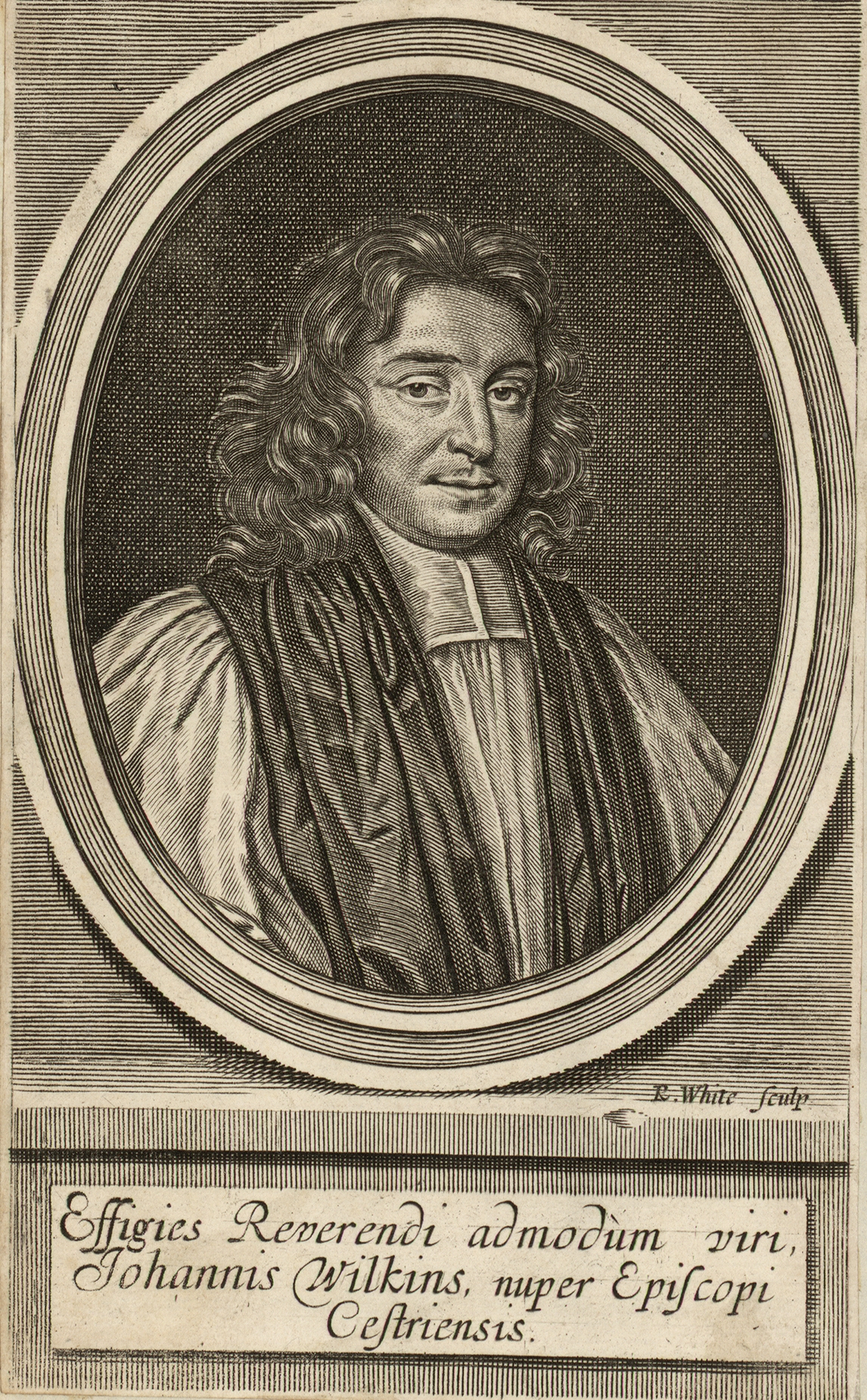 Copperplate line engraving of John Wilkins in an oval frame, long hair and clerical dress, with the Latin caption Effigies Reverendi admodùm viri, Iohannis Wilkins.