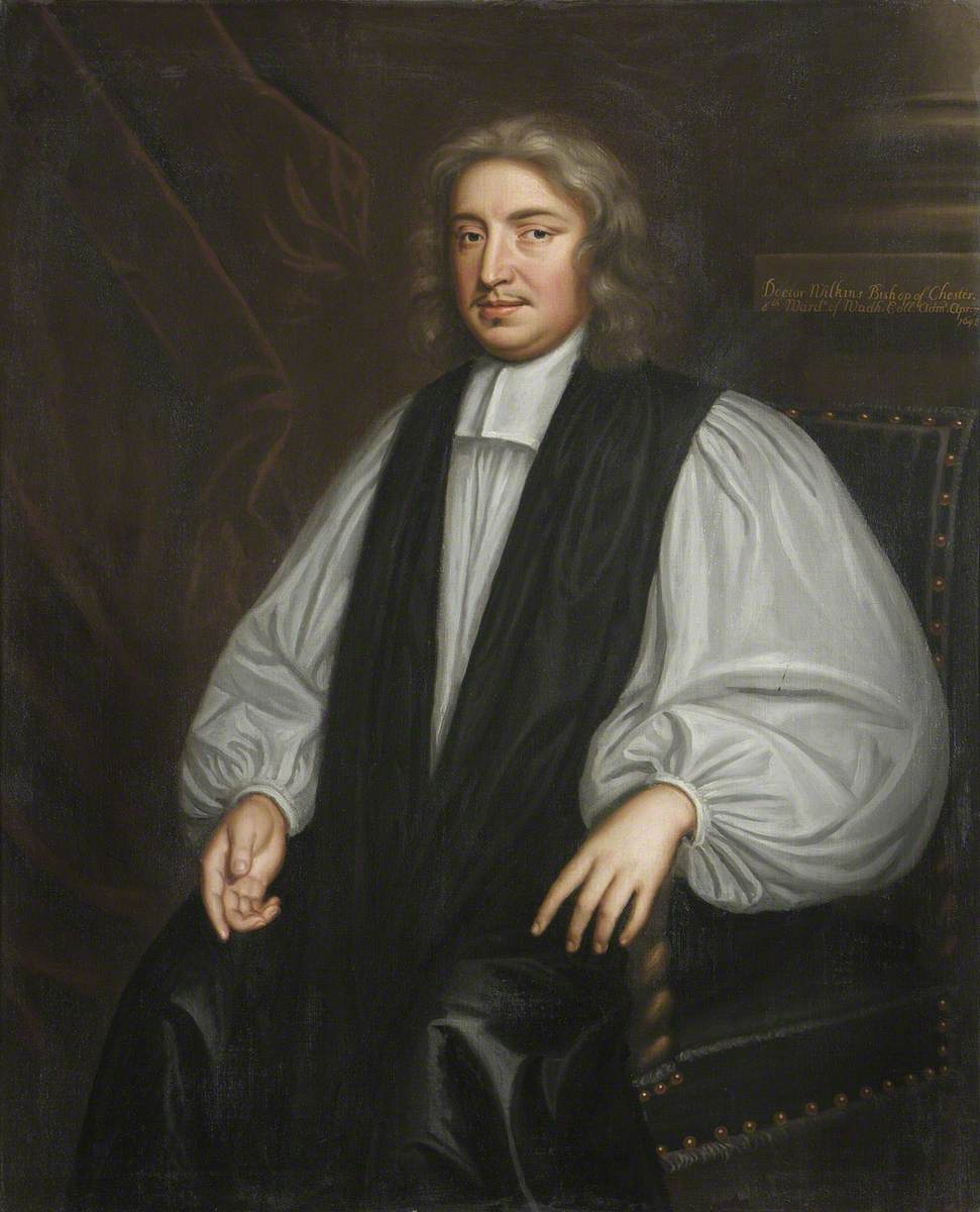 Dark oil portrait of John Wilkins as Bishop of Chester in white sleeves and black chimere, seated.
