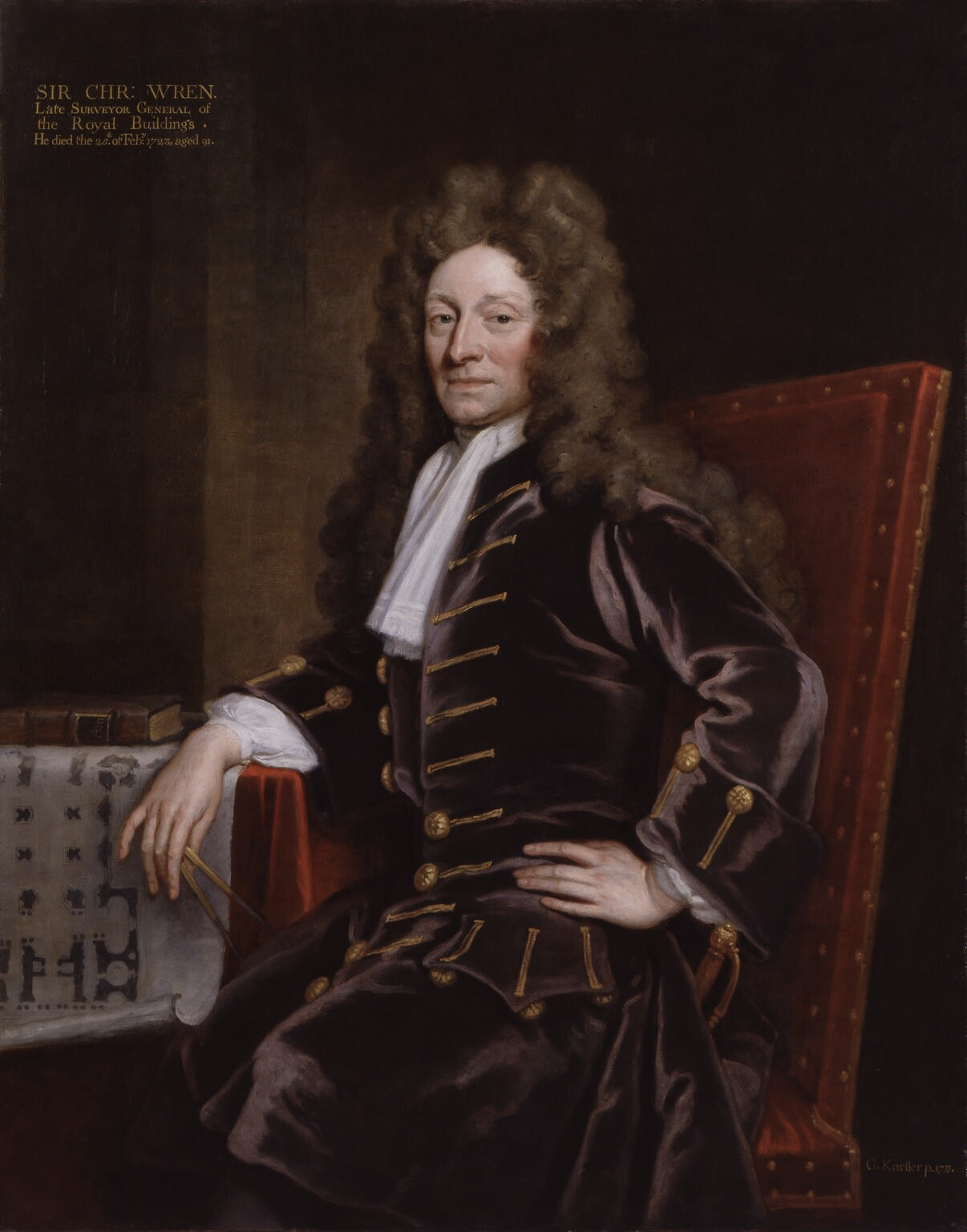 Oil portrait of Christopher Wren in a dark coat with gold buttons, resting a hand on architectural plans and dividers, seated in a red chair.