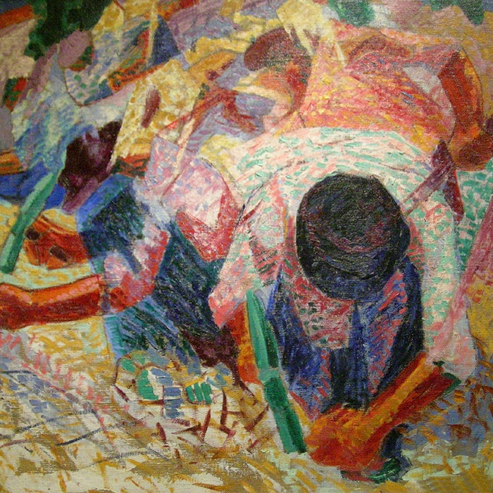 Boccioni's The Street Pavers (1914): labourers bent over a road, rendered in fractured pink, blue and green divisionist strokes vibrating with motion.