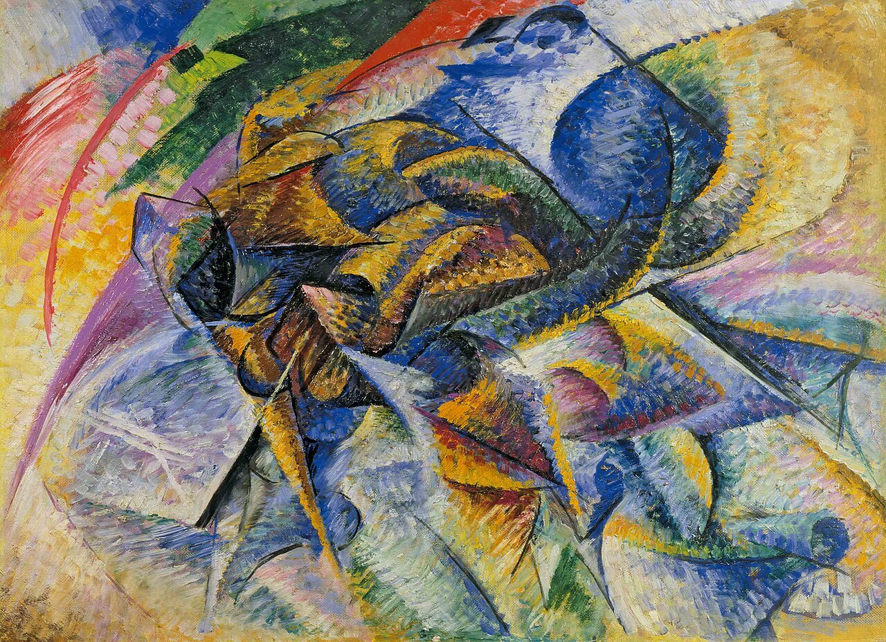 Boccioni's Dynamism of a Cyclist (1913): a rider dissolved into whirling arcs and force-lines of ochre, blue and violet, the body fused with its own speed.