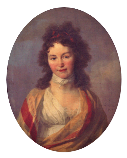 Oil portrait of Caroline Schlegel, 1798, a young woman with dark curls and a golden-red shawl, gazing calmly outward.