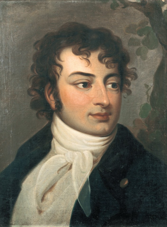 Oil portrait of August Wilhelm Schlegel, painted around 1800, a poised figure in dark dress.