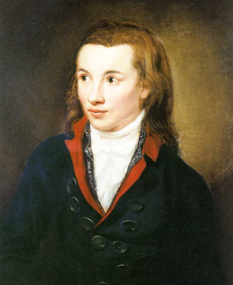Contemporary oil portrait of Novalis, a pale young man with long auburn hair in a dark coat with a red collar.