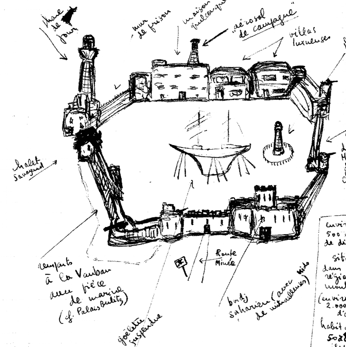 A drawing by Guy Debord titled Village défendu, 1953.