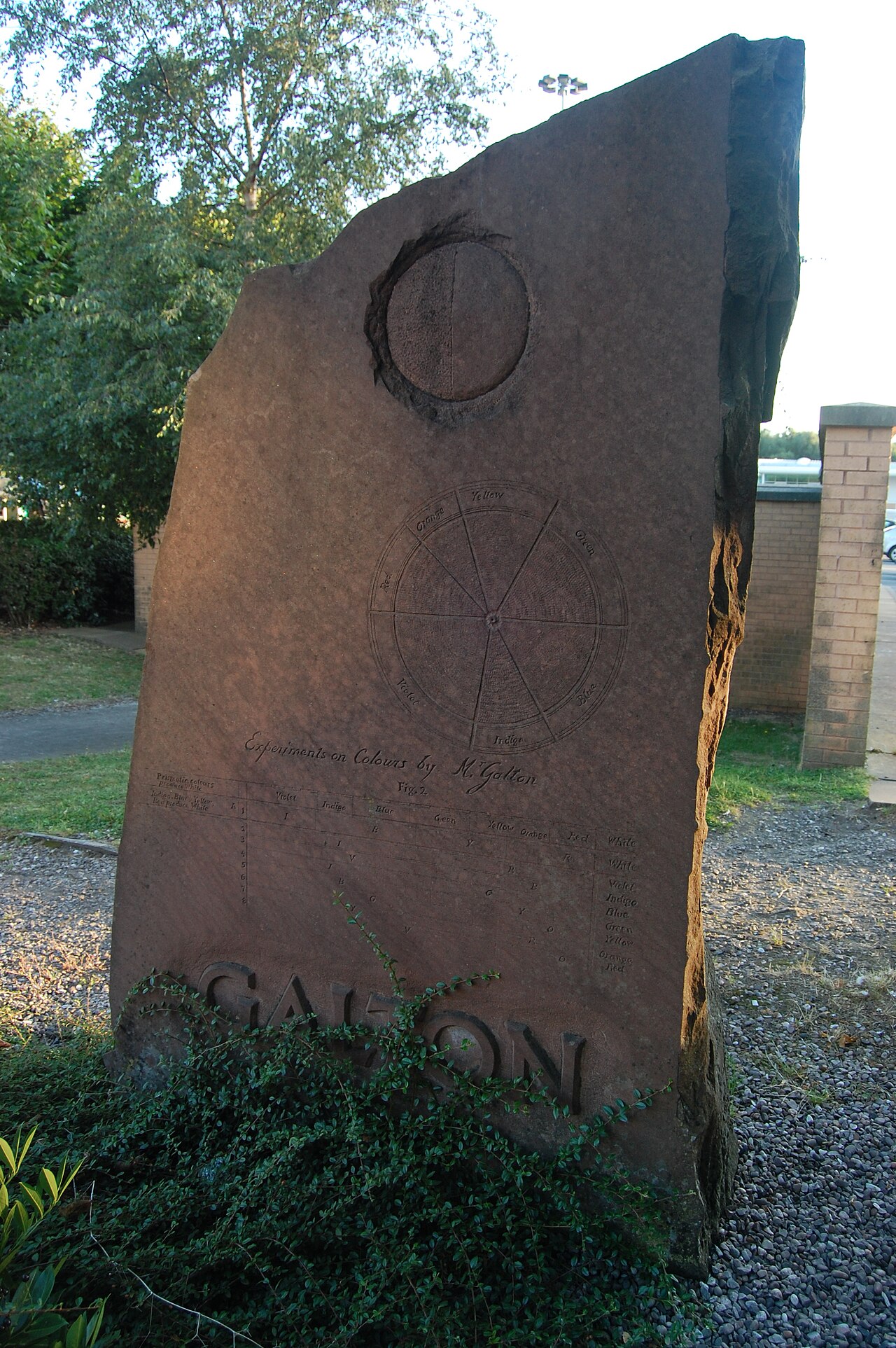 A tall red-sandstone monolith carved with a split moon disc, Newton's prismatic colour-wheel, a table of colour experiments, and the incised name GALTON.