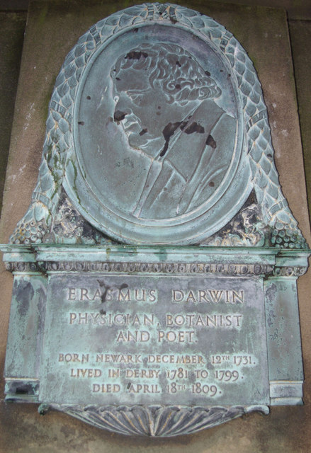 A verdigris bronze bas-relief memorial to Erasmus Darwin, showing his profile in an oval wreath above an inscription: physician, botanist and poet.