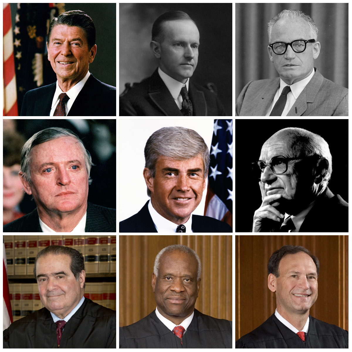 A collage grid of portraits of prominent figures in the United States conservative movement, including Calvin Coolidge, Barry Goldwater and Milton Friedman.