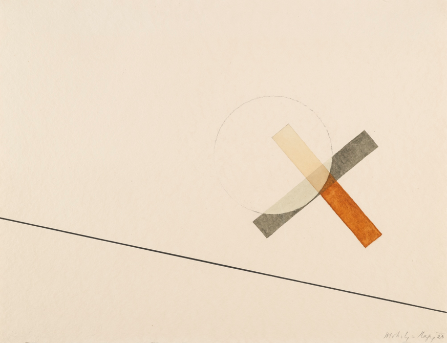 Abstract Constructivist drawing by László Moholy-Nagy: a cream ground crossed by a single thin diagonal line, with an X built from translucent overlapping orange and grey bars set inside a faint pencil circle.