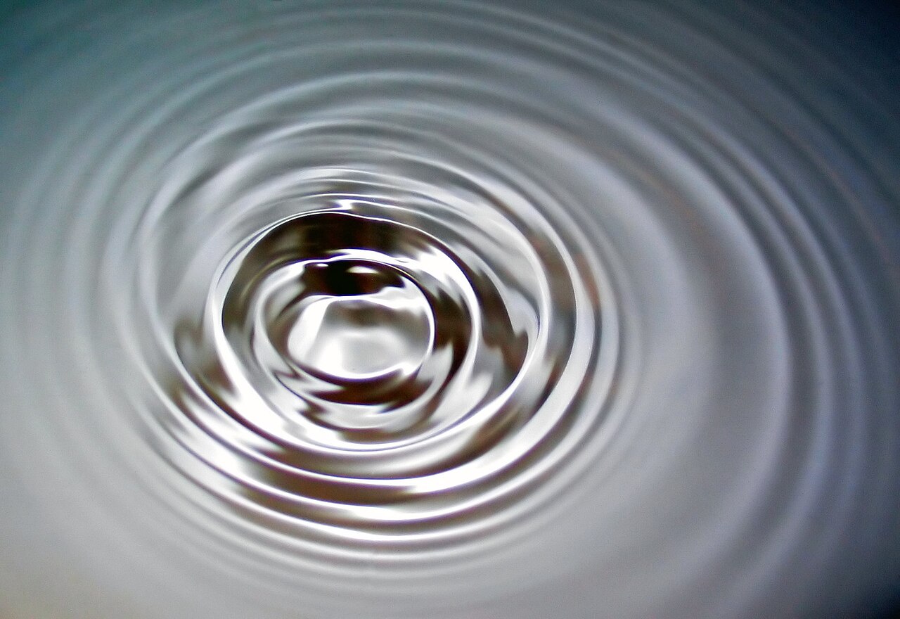 High-contrast photograph of interfering circular ripples spreading across the surface of water.