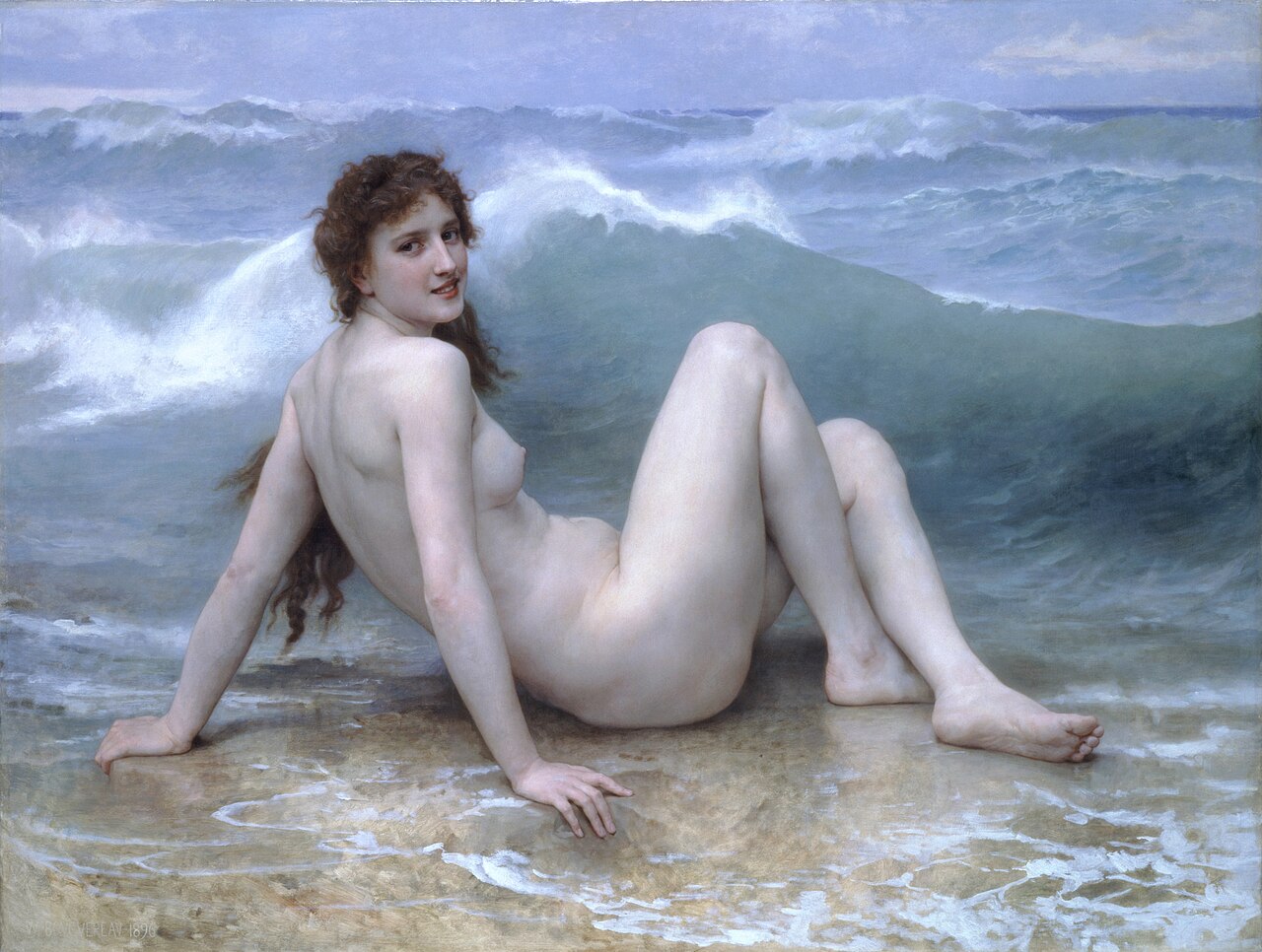 Academic oil painting of a child seated at the edge of the surf, titled The Wave.