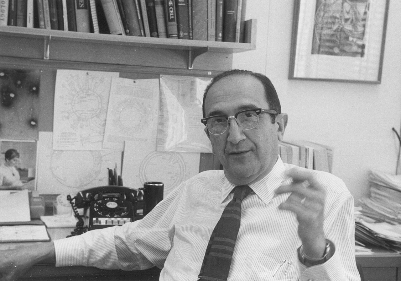 Informal photograph of Salvador Luria at his desk at MIT, around the time of his 1969 Nobel Prize.