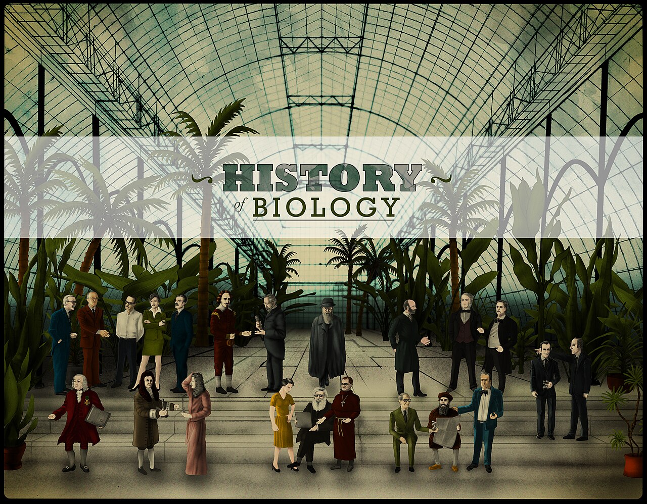 Illustrated game art titled History of Biology, depicting figures and motifs from the history of the life sciences.