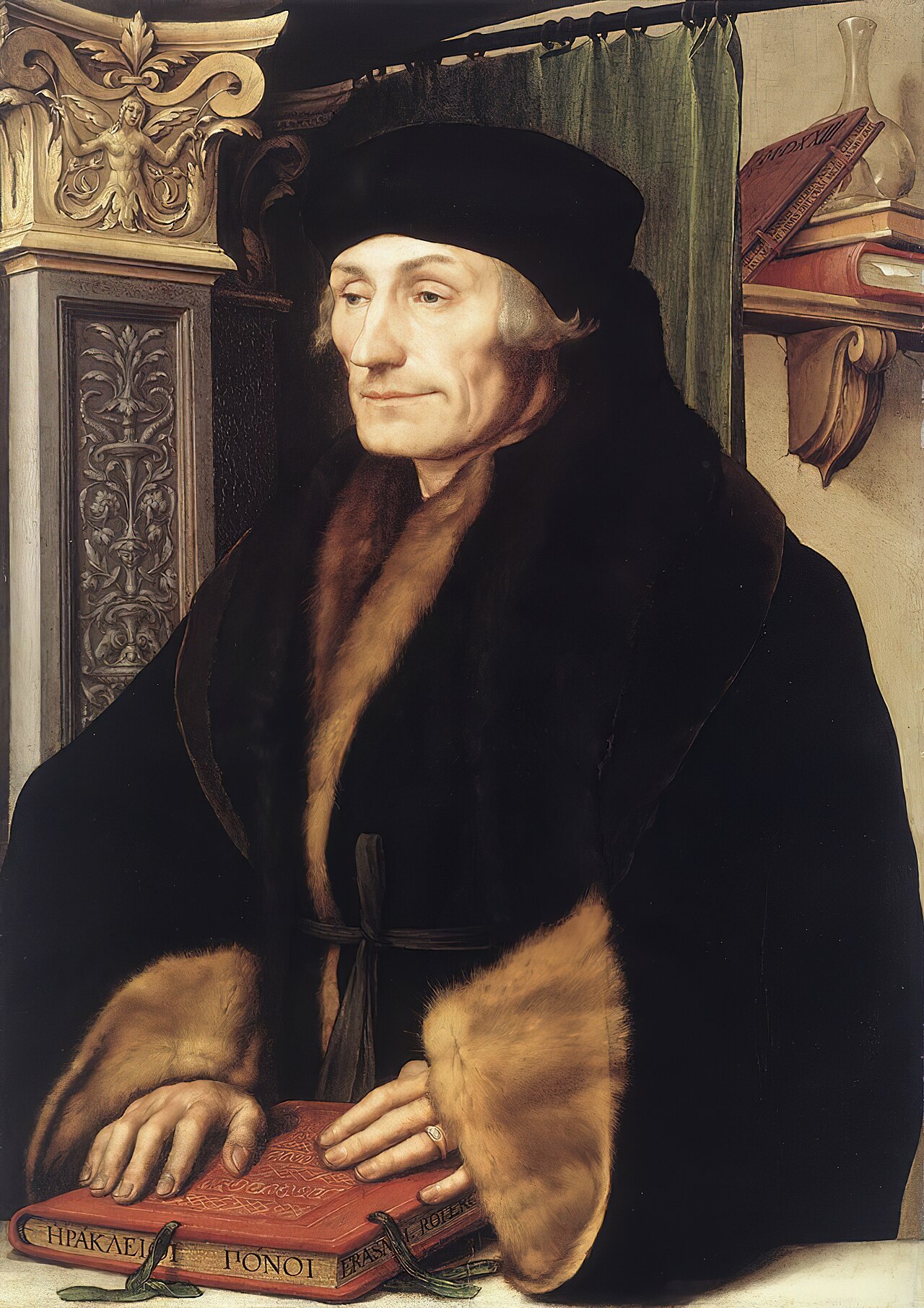 Hans Holbein the Younger's portrait of Erasmus in a dark fur-collared robe, hands resting on a red book, beside a gilded Renaissance pilaster.