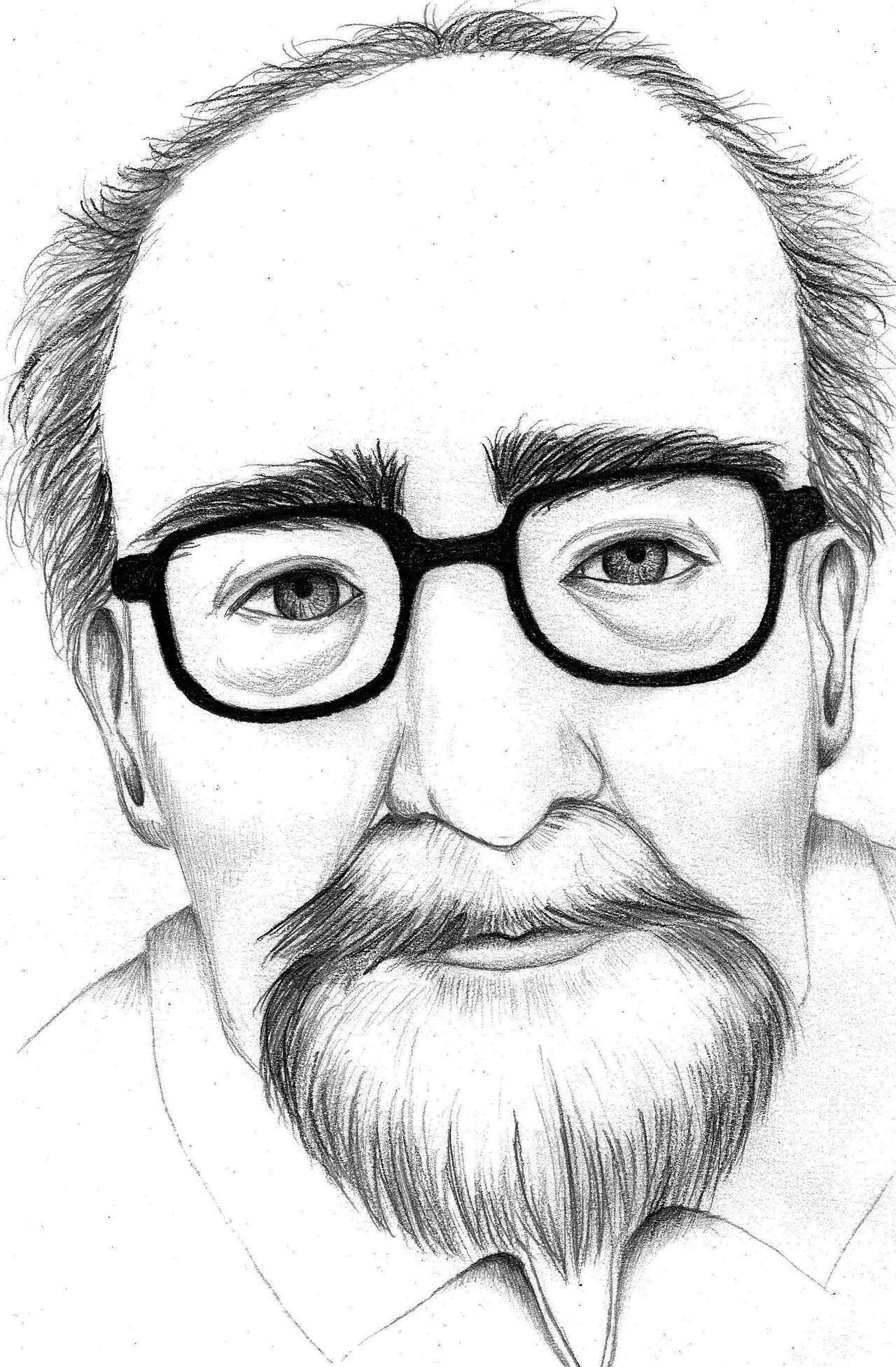 A pencil portrait of an older bald man with a bushy grey moustache, beard, and thick black-framed glasses, drawn in fine graphite hatching.