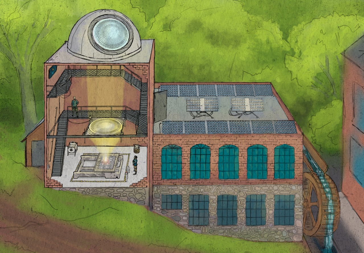 Cutaway illustration of a solarpunk workshop: a brick-and-stone mill building with rooftop photovoltaic arrays, arched teal windows, a working waterwheel fed by a millrace, and a tower topped by an observatory-style dome housing a very large Fresnel lens that directs daylight down through the building's interior floors, where two figures work at a lit bench.