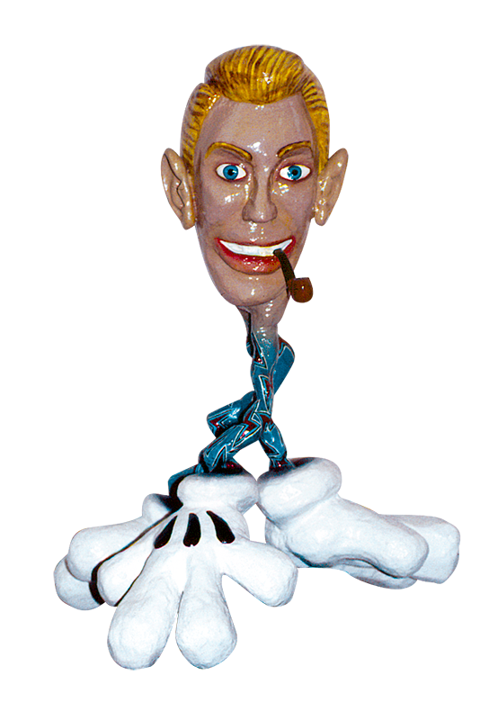 A painted sculpture of 'Bob' Dobbs: a grinning blond man's head with a pipe, its neck twisting down into cartoonish white four-fingered hands, made of expanding foam coated in acrylic-painted resin and fiberglass.