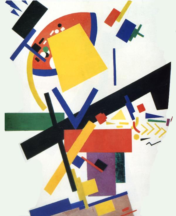 Malevich's Suprematism (1915): tilted red, black, blue and yellow rectangles floating in white space.