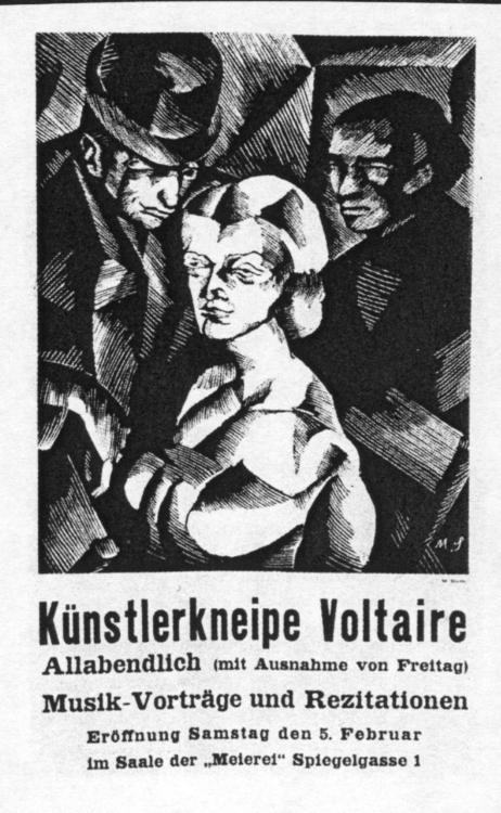 Marcel Slodki's 1916 lithograph poster for the opening of the Cabaret Voltaire in Zurich.