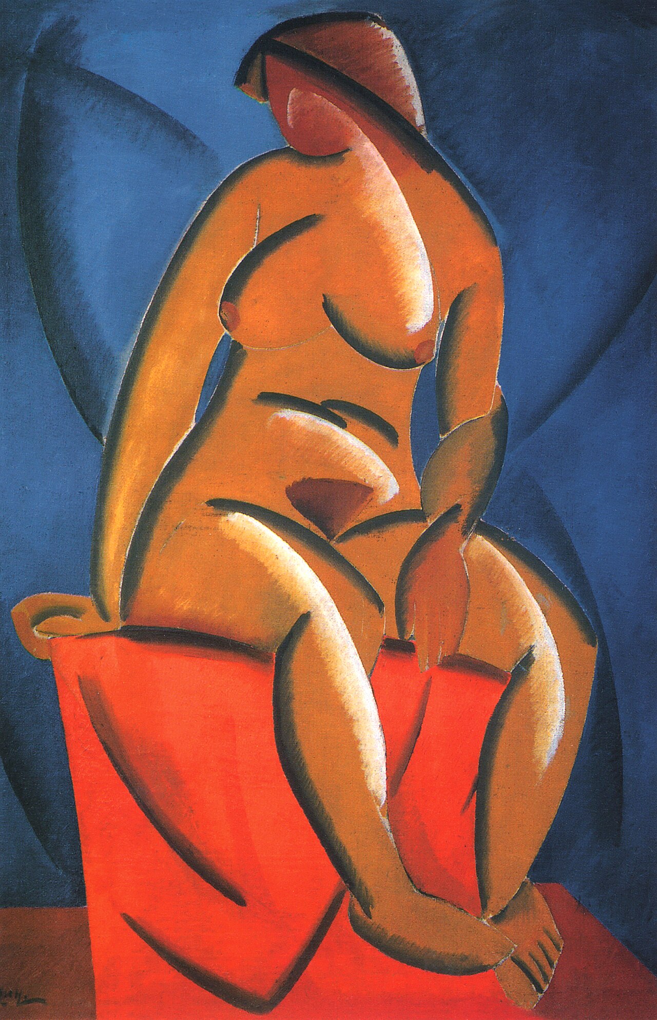 Vladimir Tatlin's painting Female Model, 1913: a seated nude built from curved planes of ochre against blue, on a red-draped stool