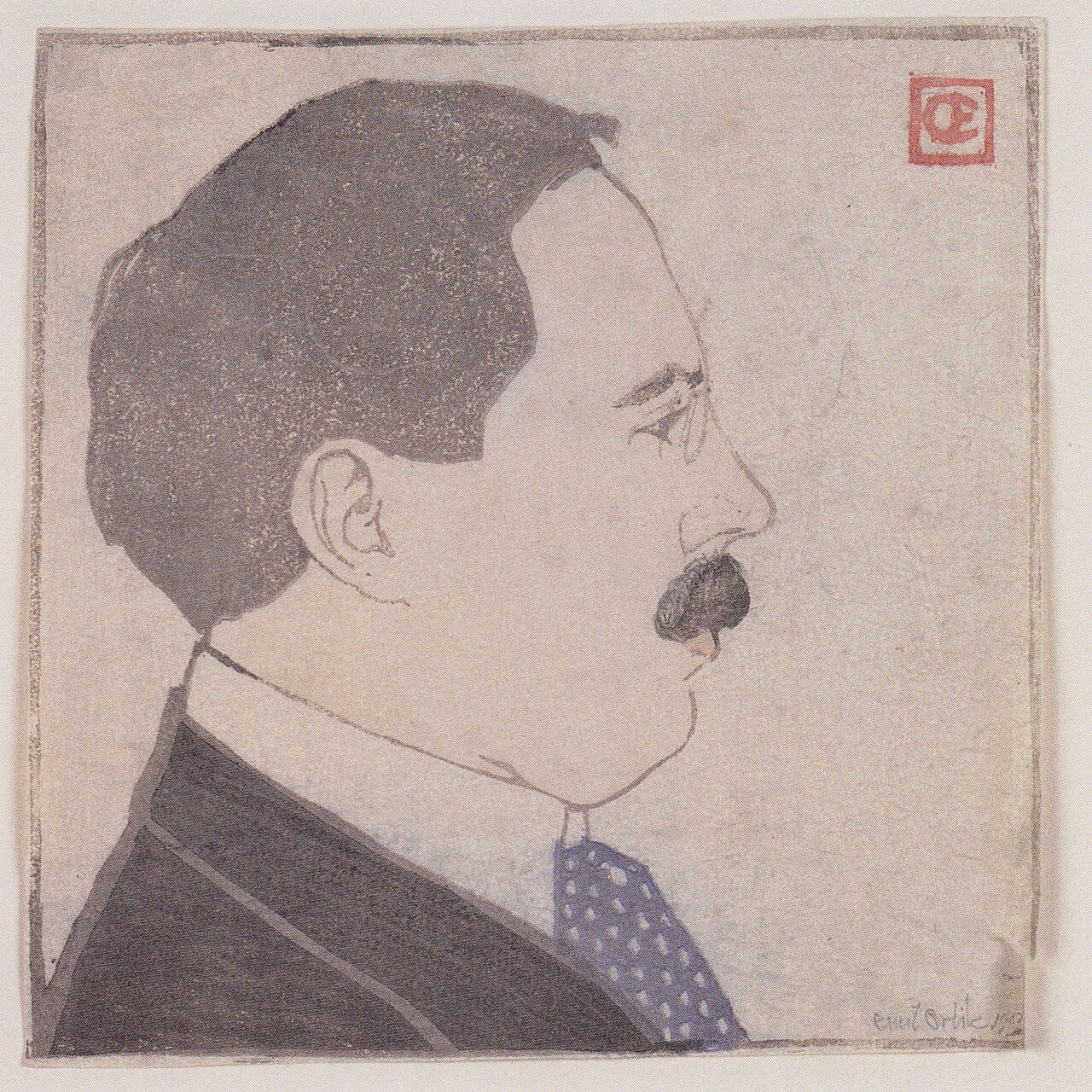 Colour woodcut profile portrait of Josef Hoffmann by Emil Orlík, 1903, showing him with a moustache and spotted tie.