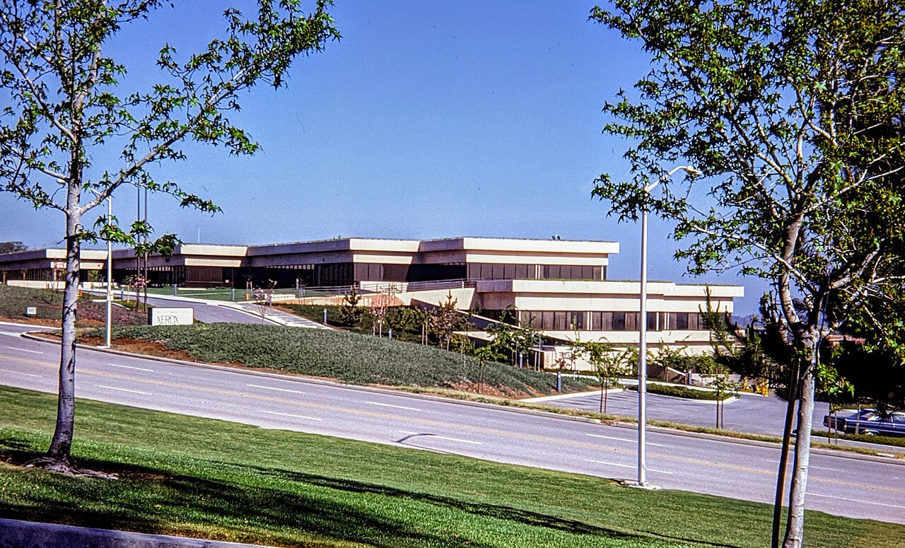 The low, terraced Xerox PARC building on Coyote Hill Road in Palo Alto, seen across the road on a quiet weekend in 1977.
